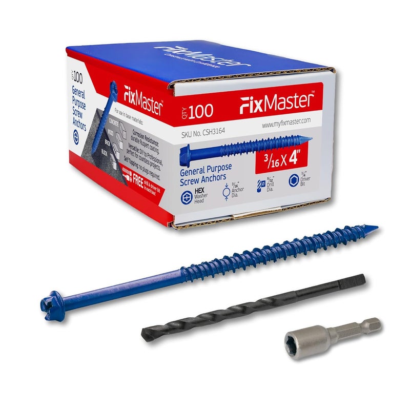 FixMaster 3/16 x 4 Hex Head Blue Concrete Screw Anchors (100 pcs Screw Kit) with one Screwdriver and Drill Bit for Concrete, Masonry, Block, Brick and Wood Fastening - Image 1